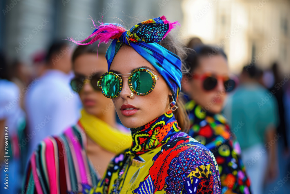 women on the street wearing colorful clothing and sunglasses