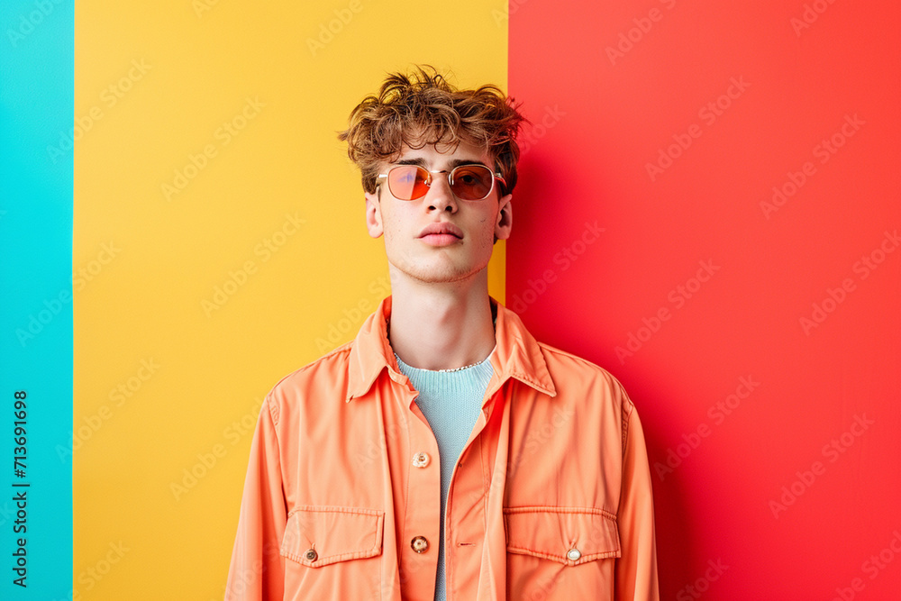 fashion young man giving pose studio colored background fashion young man giving pose studio colored background