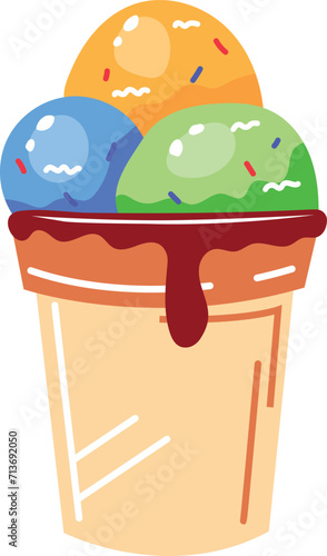 Colorful three scoops of ice cream in a cone with toppings. Delicious summer dessert with blue, green, and orange flavors vector illustration.