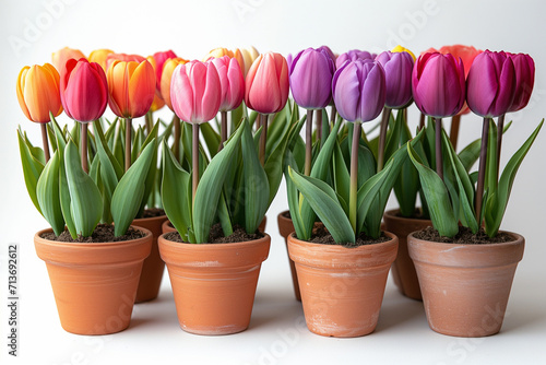 Pots de tulipes de Hollandes de couleurs variées côte à côte sur fond blanc