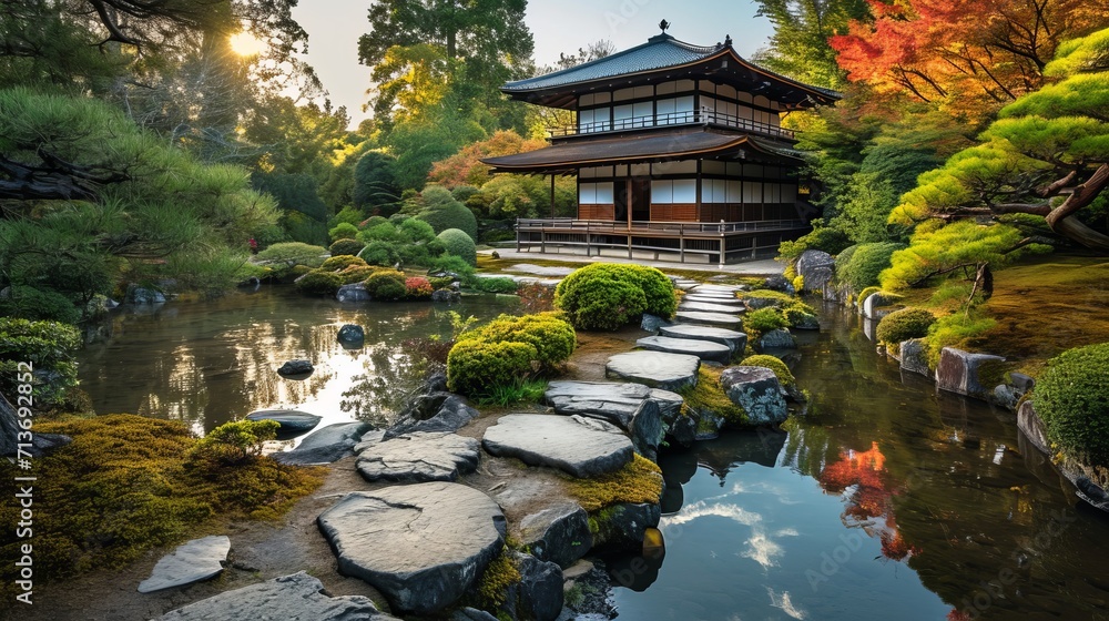 Fototapeta premium Serene Japanese Garden Featuring Pond and Stepping