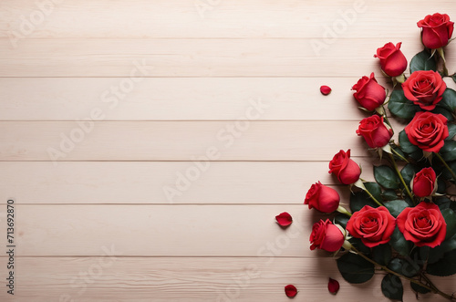 Valentine's Embrace A Row of Red Roses on Wooden Background, Top View - Perfect for Mother's Day Wishes