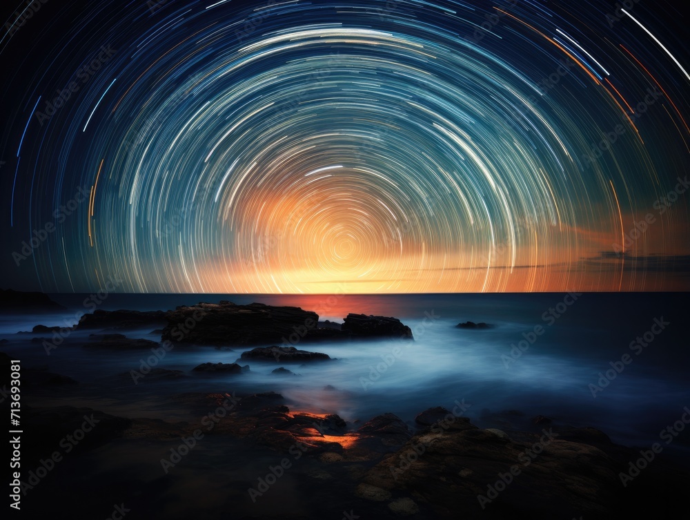 A long exposure photo of a star trail over the ocean. Generative AI.
