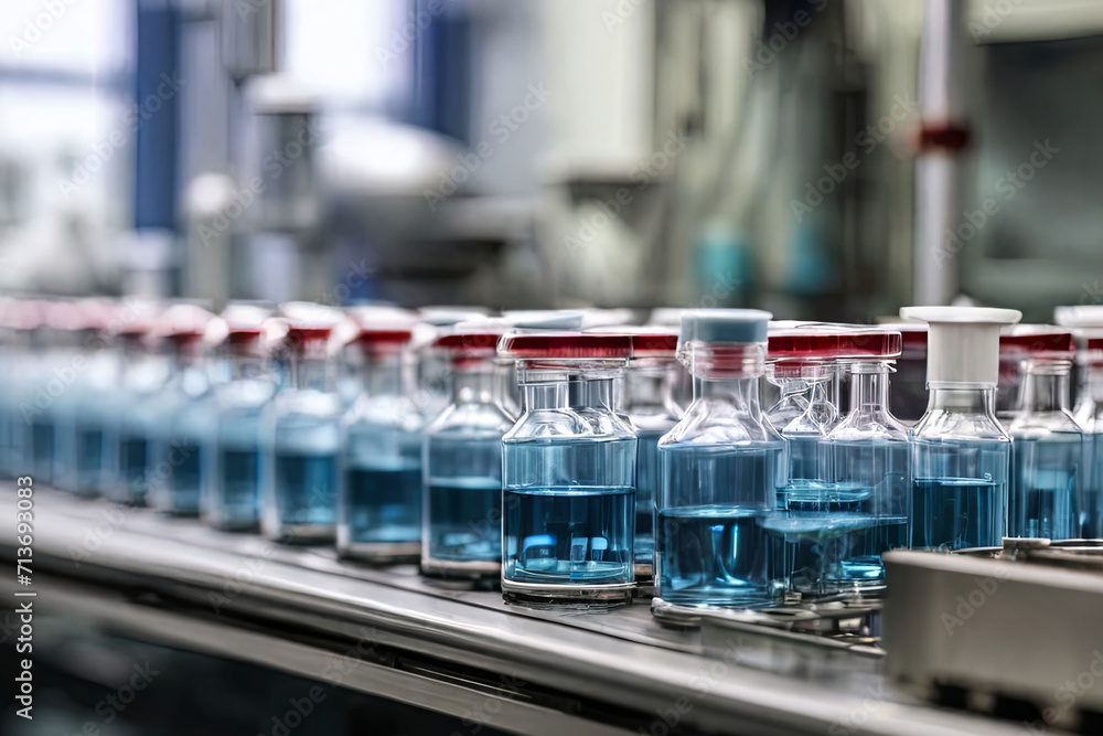 Pharmaceutical production in action. Medical vials on the assembly line at a modern factory. Precision and efficiency in pharmaceutical glass bottle manufacturing captured in a compelling image. Pharmaceutical production in action. Medical vials on the assembly line at a modern factory. Precision and efficiency in pharmaceutical glass bottle manufacturing captured in a compelling image.