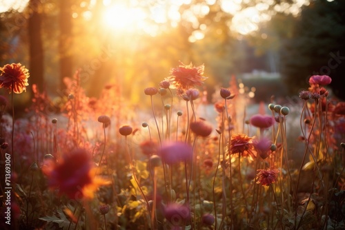 A field of flowers at sunset. Generative AI. © serg3d