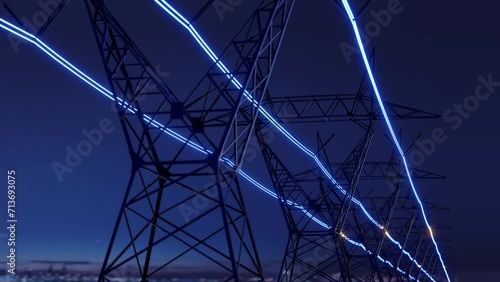 High voltage electric transmission tower with glowing current line, electrical power transmit through wire to city and house at night, Renewable green energy grid infrastructure concept 3d rendering 