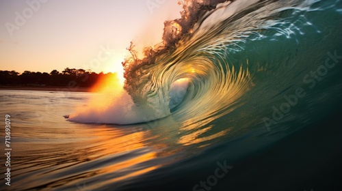 A wave breaking on the beach at sunset. Generative AI.