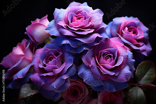 A bunch of purple roses with water droplets on beautiful them