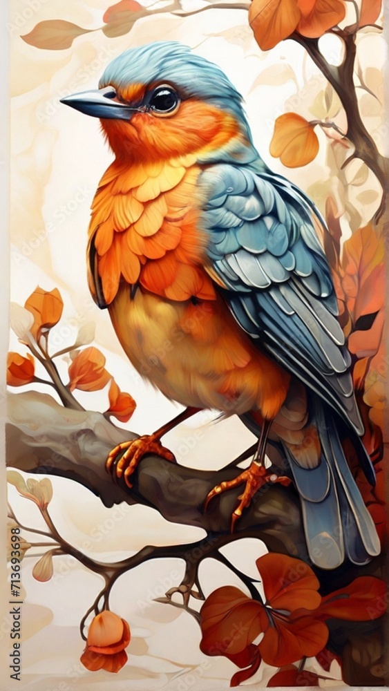 illustration of a bird perched on a tree branch, with bright and vibrant colors