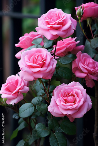beautiful pink roses in full bloom on a garden shrub a rosebud