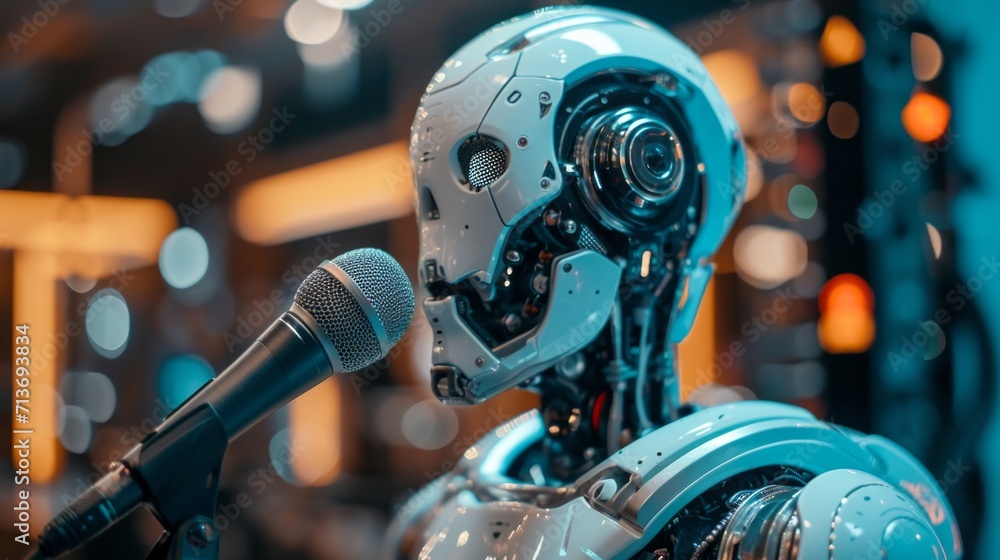 Futuristic AI robot engaging in music production with a studio microphone. Robots in professional sound studio Futuristic AI robot engaging in music production with a studio microphone. Robots in professional sound studio