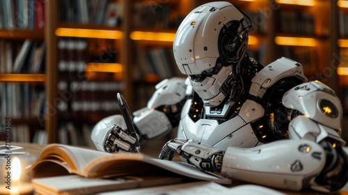 Intelligent robot authoring a book in a library setting, concept of futuristic AI with literary creation, AI and education.