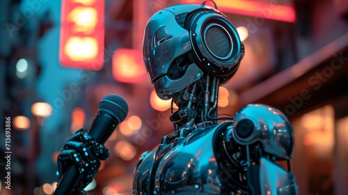 Futuristic robot with advanced AI holding a microphone in a modern recording studio setting. Robotic technology and entertainment