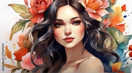 illustration of a woman with flowers as decoration, charming and beautiful. face close up, colorful.