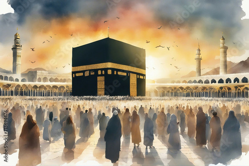 watercolor landscape view of holy kaaba with sunrise