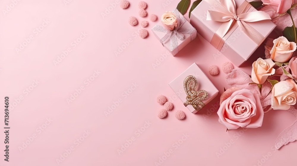 Top View of Valentine day banner design of a collection of Gift box and pink flowers on pink pastel background Top View of Valentine day banner design of a collection of Gift box and pink flowers on pink pastel background