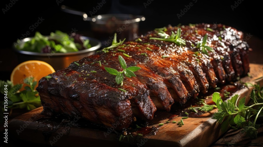 Realistic grilled barbeque with melted barbeque sauce and cut vegetables, black and blur background Realistic grilled barbeque with melted barbeque sauce and cut vegetables, black and blur background