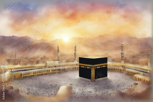 watercolor landscape view of holy kaaba with sunrise
