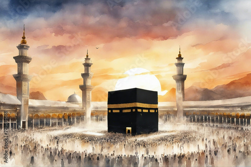 watercolor landscape view of holy kaaba with sunrise photo