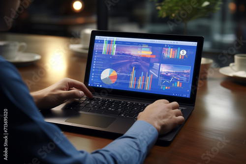 businessman sitting at desk working on his laptop, business person or data analyst looking at business statics, growth analysis, business concept, typing hands