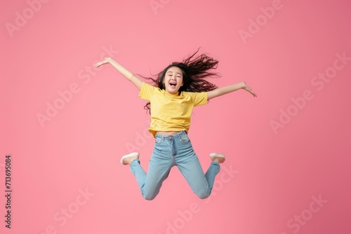 Energetic Asian girl celebrating summer, leaping and kissing, bubblegum pink background