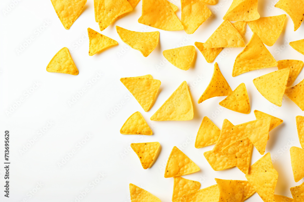 Corn chips of triangular shape levitate on a white background Generative AI Corn chips of triangular shape levitate on a white background Generative AI