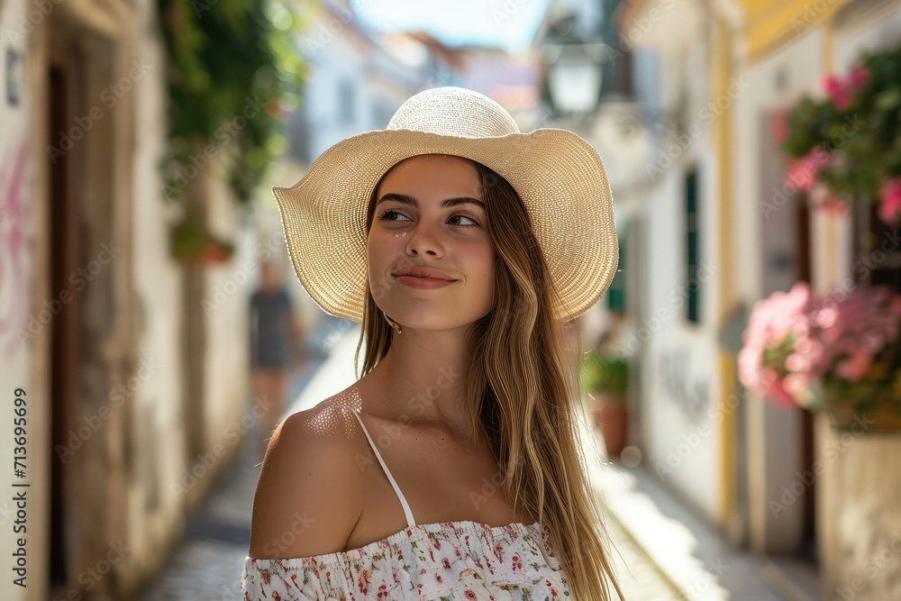 Female model with a sun hat in a quaint European street