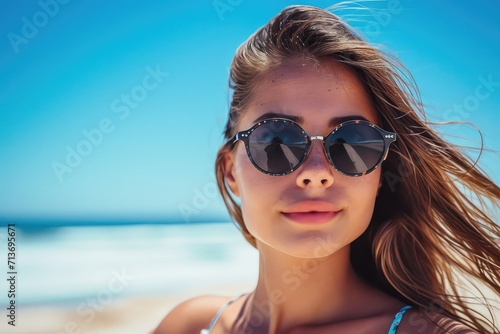 Female model posing with vintage sunglasses on a sunny beach © Lucija