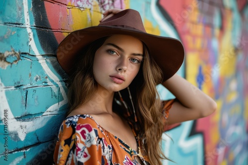 Female model with a stylish hat posing against a graffiti wall