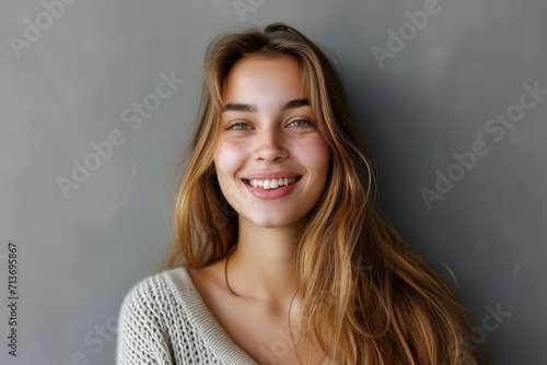 Grey backdrop showcasing a young woman's delightful smile