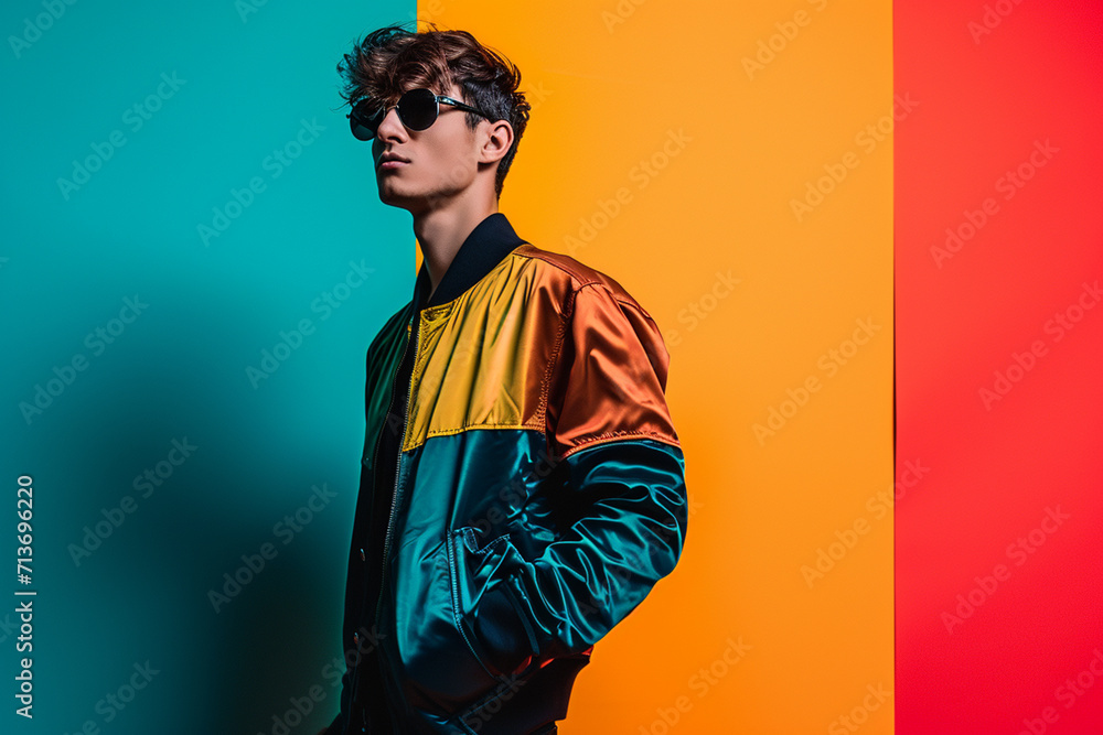 fashion young man giving pose studio colored background