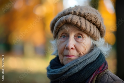 Kind-looking senior woman, autumn park stroll, close-up