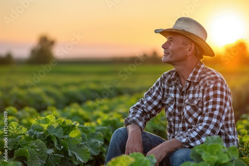 Male farmer in a field inspecting crops at sunrise