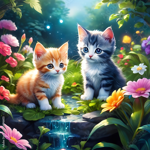 Two kittens playing in a colorful garden. generative AI