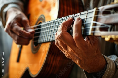 Male model tuning a classical guitar, focus on his hands and the instrument's details