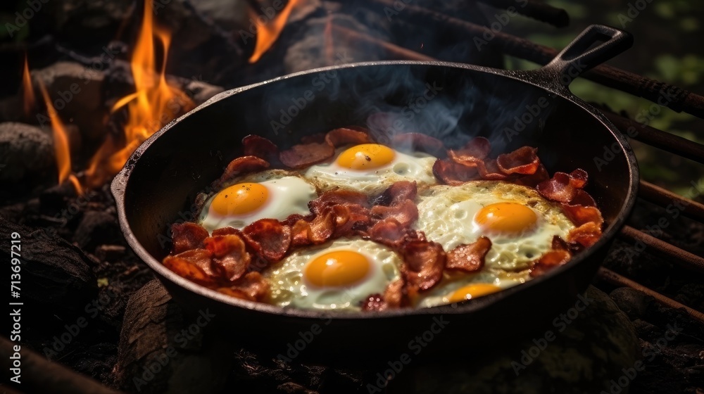 Camping breakfast with bacon and eggs in a cast iron skillet. Fried eggs with bacon in a pan in the forest. Food at the camp. Scrambled eggs with bacon on fire. Picnic, Generative Ai Camping breakfast with bacon and eggs in a cast iron skillet. Fried eggs with bacon in a pan in the forest. Food at the camp. Scrambled eggs with bacon on fire. Picnic, Generative Ai