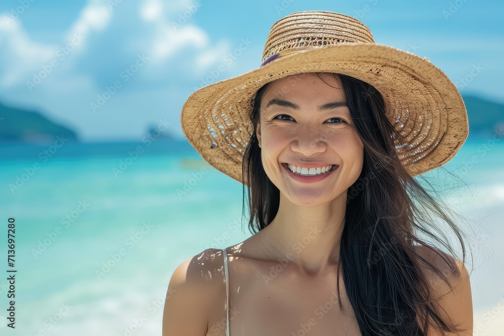 Relaxed and smiling Asian woman, tropical beach travel, vacation joy