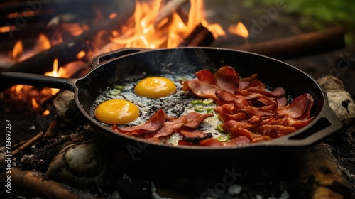 Camping breakfast with bacon and eggs in a cast iron skillet. Fried eggs with bacon in a pan in the forest. Food at the camp. Scrambled eggs with bacon on fire. Picnic, Generative Ai photo