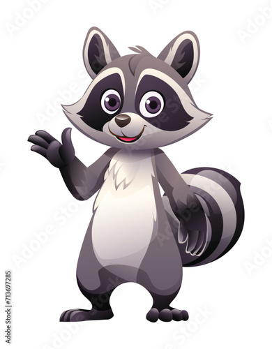 Cartoon raccoon waving hand. Vector illustration isolated on white background