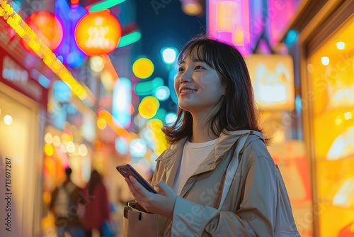 Relaxed Asian woman in a shopping district, with bags and mobile, yellow neon lights background
