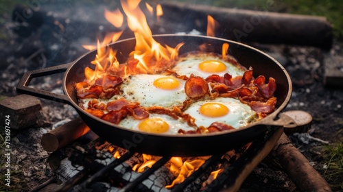Camping breakfast with bacon and eggs in a cast iron skillet. Fried eggs with bacon in a pan in the forest. Food at the camp. Scrambled eggs with bacon on fire. Picnic, Generative Ai