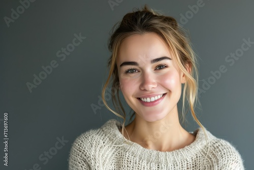 Successful young woman with a warm smile, grey backdrop