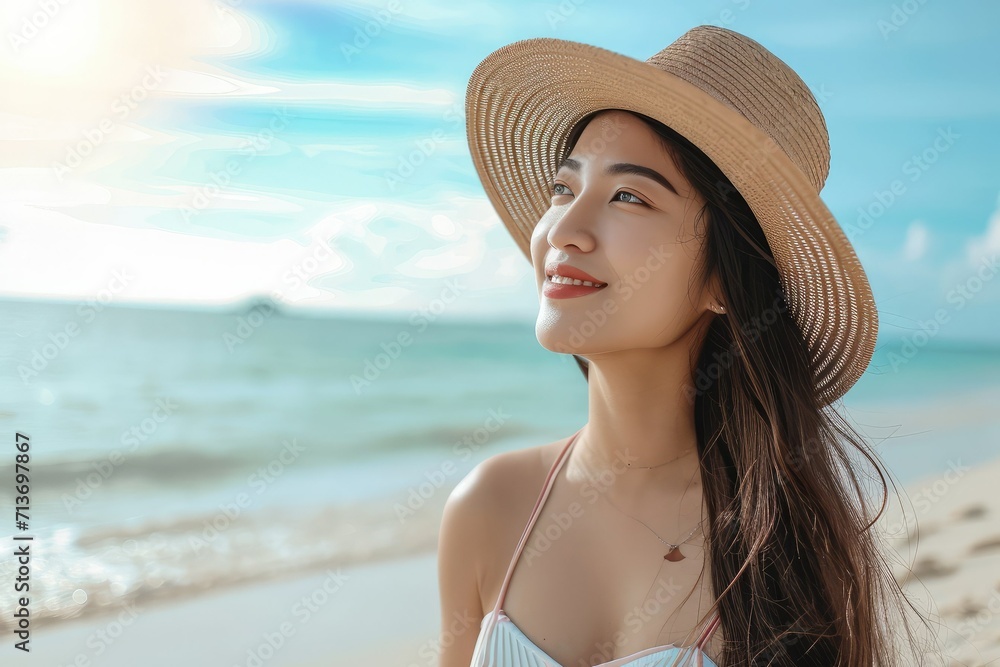 Young Asian woman relaxing on beach, travel vacation portrait