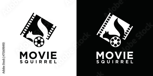 Squirrel film reel vector, cinema logo on white and black background