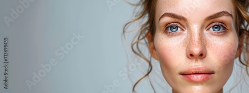 a woman with freckled hair and blue eyes looks at the camera photo