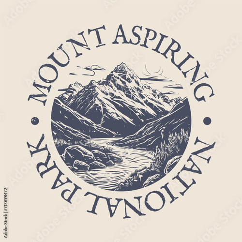 Mount Aspiring, New Zealand Illustration Clip Art Design Shape. National Park Vintage Icon Vector Stamp.