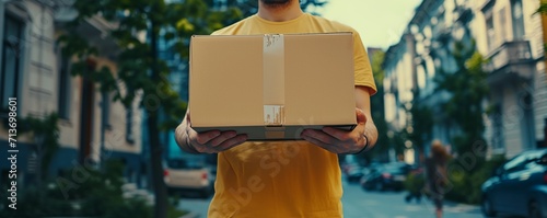 A courier holds a cardboard box in his hands photo