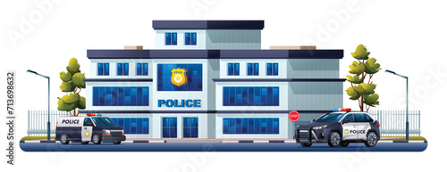 Fototapeta Naklejka Na Ścianę i Meble -  Police station building with patrol cars. Police department office. Vector illustration