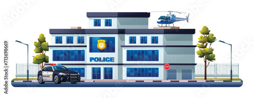 Police station building with patrol car and helicopter. Police department office vector illustration