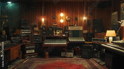 a recording studio with a lot of sound equipment photo